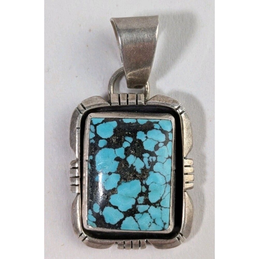 Vintage Navajo Yvonne Bebo Sterling Silver Spiderweb Turquoise Shadowbox Pendant